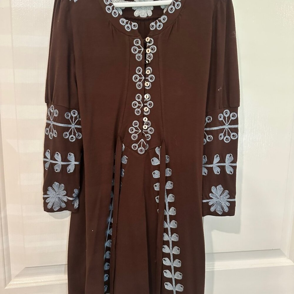 Girls embroidered dress, size 8yes, Papo d'Anjo, brown. blue